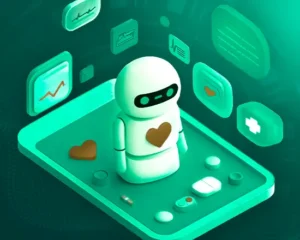 Automated data augmentation for NLP models, showing an AI assistant on a digital platform with performance metrics and data elements, highlighting improved model accuracy, robustness, and training efficiency.