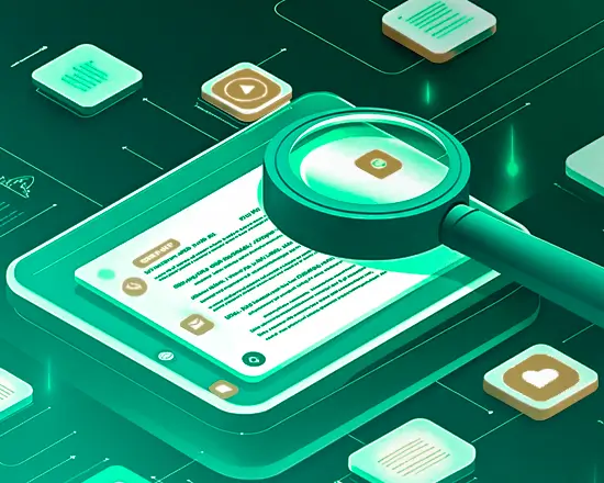 Magnifying glass reviewing structured AI documentation and compliance records, illustrating Pacific AI joining the Coalition for Health AI (CHAI) as a partner in the assurance provider certification process for trustworthy and transparent healthcare AI.