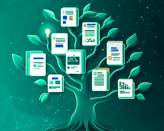 Illustration of a policy tree with connected documents and analytics icons, representing how the Pacific AI Governance Policy Suite supports compliance with the HHS HTI-1 transparency rule through structured documentation, reporting, and AI governance controls.