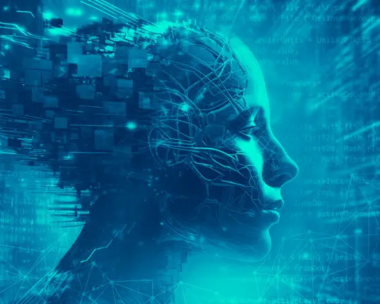 Holistic evaluation of large language models, illustrating an AI profile formed from data streams and neural networks to represent robustness testing, accuracy assessment, and toxicity analysis for real-world LLM applications.