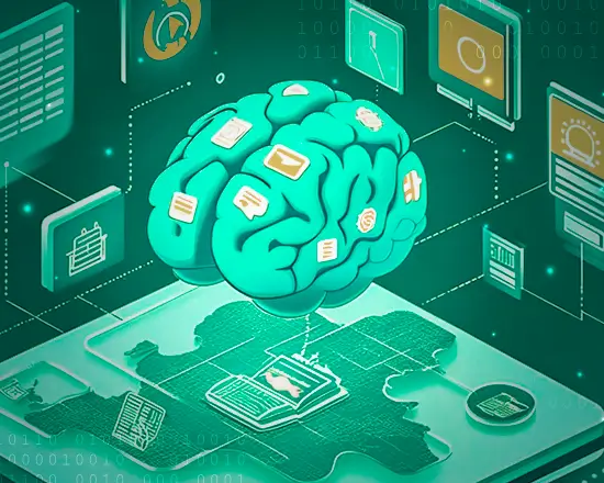 Illustration of large language model robustness testing using LangTest in Databricks, showing an AI brain connected to evaluation metrics, test cases, and data pipelines for validating LLM reliability and performance.