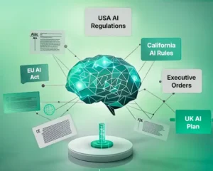 Visual overview of AI regulation updates for Q1 2025, showing a digital brain connected to global policies including U.S. AI regulations, California AI rules, executive orders, the EU AI Act, and the UK AI plan, reflecting Pacific AI regulatory release notes.