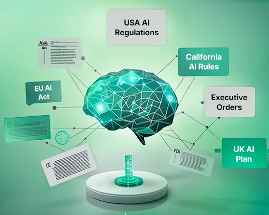 Visual overview of AI regulation updates for Q1 2025, showing a digital brain connected to global policies including U.S. AI regulations, California AI rules, executive orders, the EU AI Act, and the UK AI plan, reflecting Pacific AI regulatory release notes.