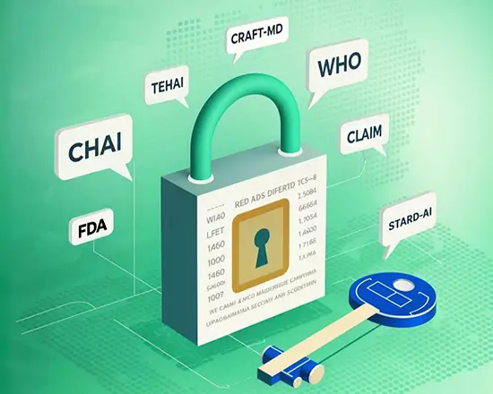 Healthcare AI safety frameworks illustrated by a secure lock and key, surrounded by labels such as FDA, WHO, CHAI, CLAIM, CRAFT-MD, and STARD-AI, representing regulatory and evaluation standards for trustworthy clinical AI.