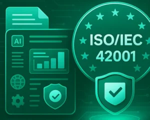 ISO/IEC 42001 compliance illustration showing AI management documentation, security shield, and verification badge, representing how the Pacific AI Governance Policy Suite supports alignment with the ISO/IEC 42001 AI management system standard.