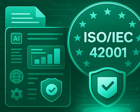 ISO/IEC 42001 compliance illustration showing AI management documentation, security shield, and verification badge, representing how the Pacific AI Governance Policy Suite supports alignment with the ISO/IEC 42001 AI management system standard.