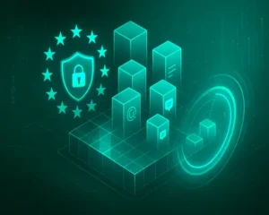 Abstract digital illustration of secured data blocks, analytics charts, and a privacy shield with EU stars, representing how organizations manage privacy risks in large language models to support responsible AI practices and GDPR compliance.