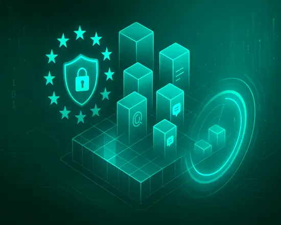 Abstract digital illustration of secured data blocks, analytics charts, and a privacy shield with EU stars, representing how organizations manage privacy risks in large language models to support responsible AI practices and GDPR compliance.