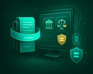 Visualization of policy documentation, legal scales, and security shields on a digital interface, illustrating how the Pacific AI Governance Policy Suite aligns AI systems with U.S. federal anti-discrimination laws and regulatory compliance requirements.