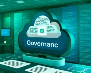Illustration of a cloud-based governance dashboard representing governance for generative AI, showing centralized policies, compliance controls, documentation, and oversight mechanisms for managing generative AI systems responsibly.