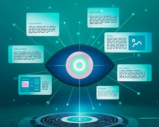 Conceptual illustration of a central AI oversight eye connected to audit reports, data cards, and performance metrics, symbolizing a responsible AI audit that evaluates transparency, risk, compliance, and governance across AI systems.