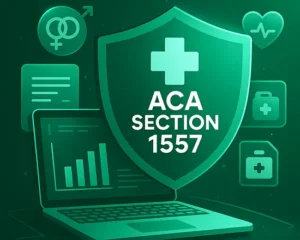 ACA Section 1557 compliance illustration showing Pacific AI Governance Policy Suite supporting nondiscrimination, healthcare equity, and responsible AI governance under U.S. healthcare regulations.