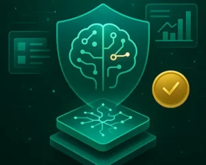 2025 AI governance survey highlighting gaps between AI strategy and operational readiness, with a shielded AI brain symbolizing risk management, compliance, and governance controls.