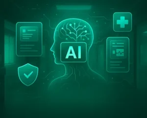 Healthcare AI governance illustration highlighting key features and benefits, including safe AI deployment, compliance controls, risk management, and patient safety oversight.