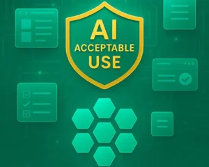AI acceptable use shield icon representing policy alignment, with connected document and checklist symbols illustrating how Pacific AI maps its AI Acceptable Use Policy to external provider policies for responsible and compliant AI deployment.