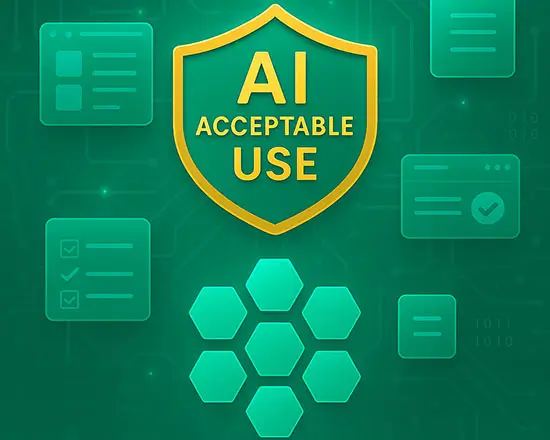 AI acceptable use shield icon representing policy alignment, with connected document and checklist symbols illustrating how Pacific AI maps its AI Acceptable Use Policy to external provider policies for responsible and compliant AI deployment.