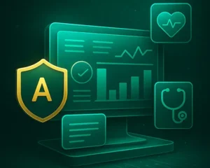 AI governance dashboard visual showing ROI measurement, patient safety indicators, compliance controls, and performance analytics for healthcare AI systems.