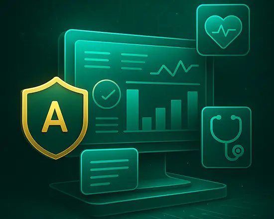 AI governance dashboard visual showing ROI measurement, patient safety indicators, compliance controls, and performance analytics for healthcare AI systems.
