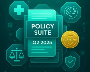 Pacific AI Governance Policy Suite Q2 2025 release notes visual showing compliant AI policies, regulatory checks, and healthcare AI governance icons representing responsible AI compliance and oversight.