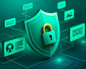 AI model cards illustrating HTI-1 transparency compliance, with a secure shield and connected data elements representing model documentation, risk disclosure, and regulatory alignment.