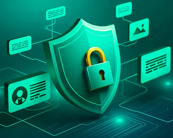 AI model cards illustrating HTI-1 transparency compliance, with a secure shield and connected data elements representing model documentation, risk disclosure, and regulatory alignment.