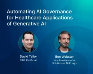 Speaker portraits with the article title “Automating AI Governance for Healthcare Applications of Generative AI,” highlighting expert discussion on healthcare AI governance, regulatory compliance, risk management, and responsible deployment of generative AI systems.