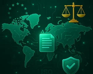 Global AI governance and compliance visualization showing international laws, regulatory scales, and security icons, representing Pacific AI’s policy suite supporting responsible AI deployment across 30+ countries.