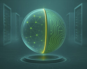 AI transparency concept illustrated by a split digital brain showing model logic and data flows, highlighting explainability, accountability, and responsible AI governance.