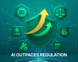 Healthcare AI risk management visual showing a protective shield with upward arrows, symbolizing governance, compliance, and risk controls as AI innovation outpaces regulation in healthcare systems.