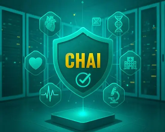 Pacific AI CHAI certification illustration showing a secure shield with healthcare and AI icons, representing Pacific AI as a Certified Assurance Resource Provider with the Coalition for Health AI (CHAI).