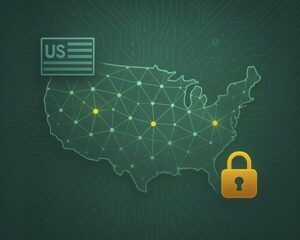 AI regulations in the United States illustrated by a connected US map with security lock, representing state-level AI laws, compliance requirements, and AI governance oversight.