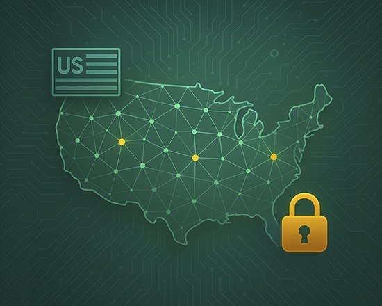 AI regulations in the United States illustrated by a connected US map with security lock, representing state-level AI laws, compliance requirements, and AI governance oversight.