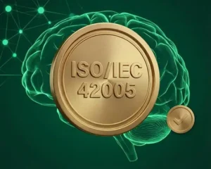 California SB 53 explained with ISO/IEC 42005 symbol over a digital brain, representing frontier AI transparency, safety standards, and regulatory compliance requirements.