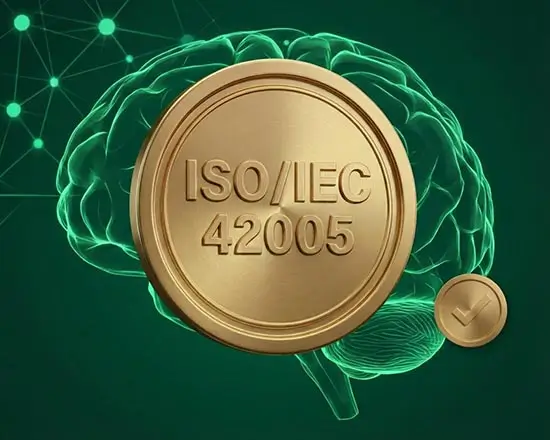 California SB 53 explained with ISO/IEC 42005 symbol over a digital brain, representing frontier AI transparency, safety standards, and regulatory compliance requirements.
